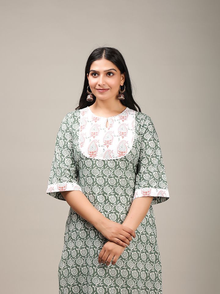 Soft Cotton Floral Straight Green Kurta