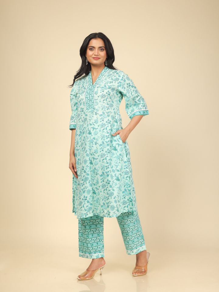 Soft Cotton Floral Straight Turquoise Kurta
