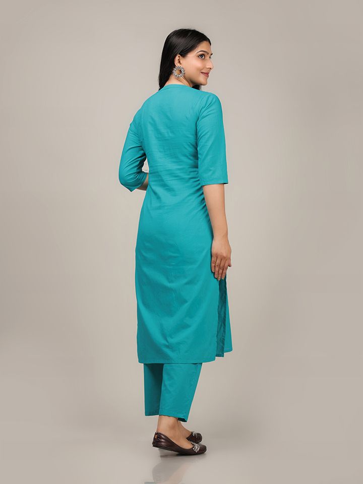 Soft Cotton Solid Straight Turquoise Kurta