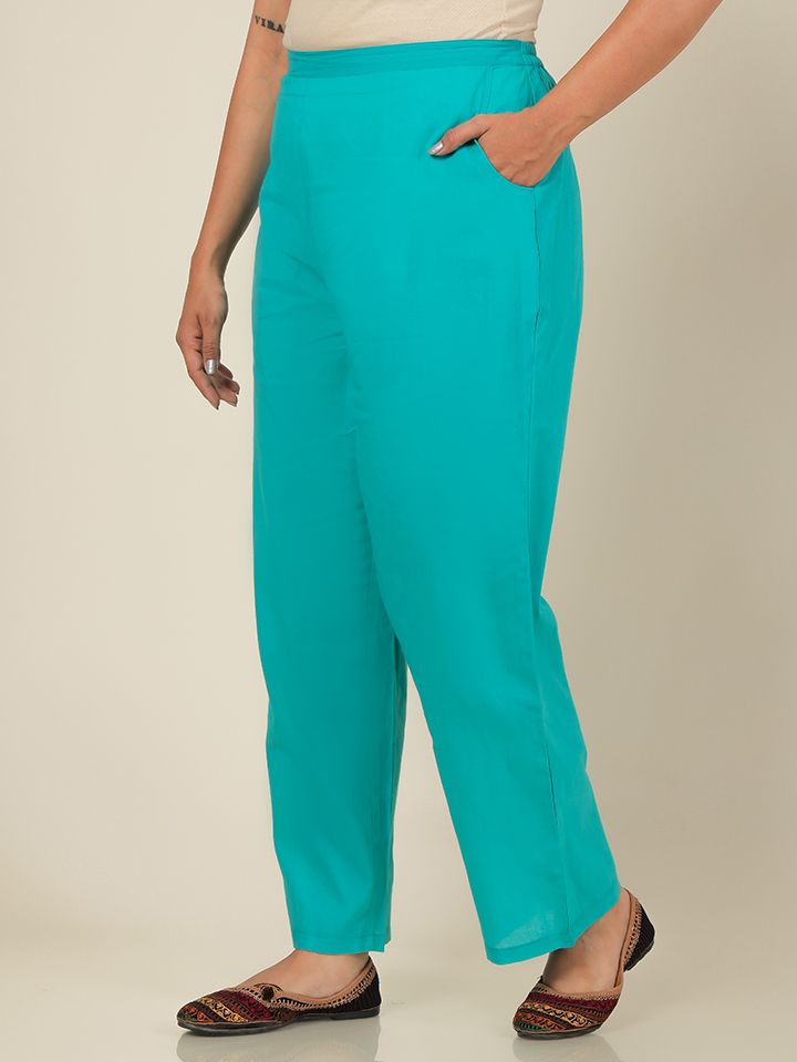Soft Cotton Solid Turquoise Straight Trousers