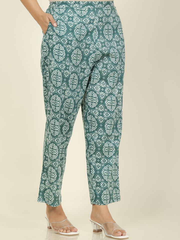 Soft Cotton Geometric Turquoise Straight Trousers