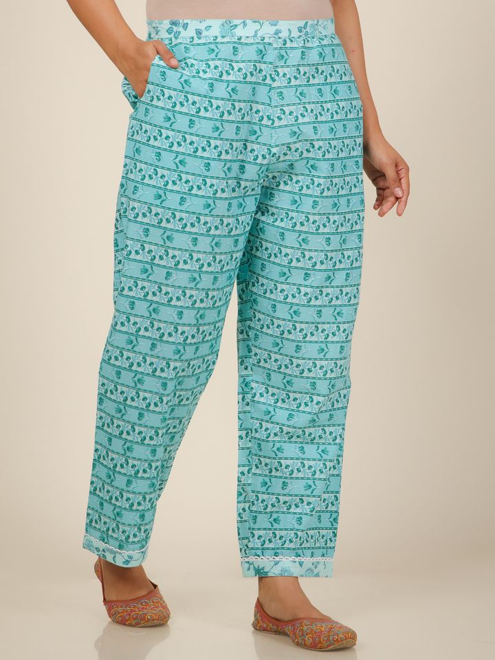 Soft Cotton Floral Turquoise Straight Trousers