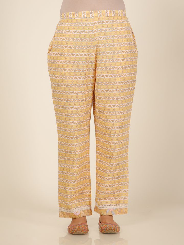 Soft Cotton Floral Yellow Straight Trousers