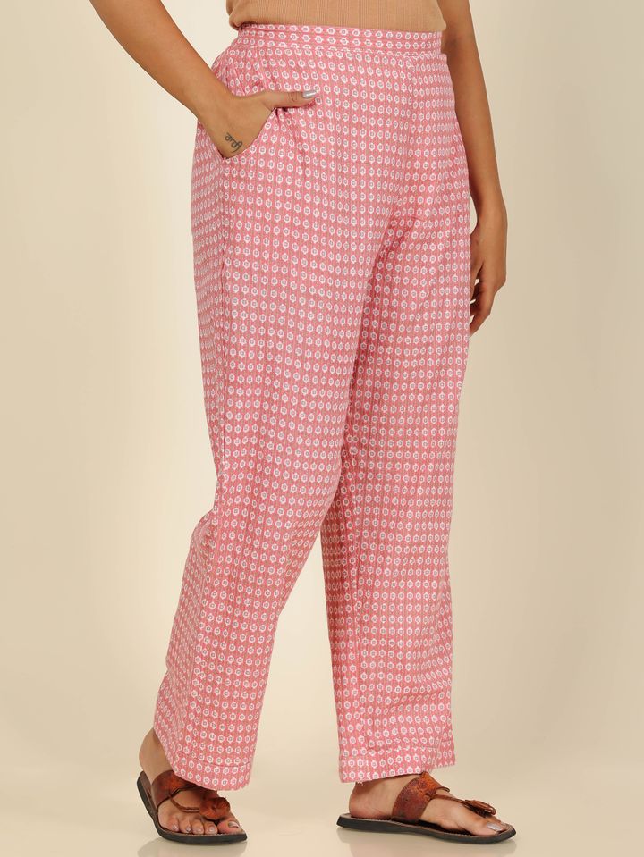 Kantha Cotton Geometric Pink Straight Trousers