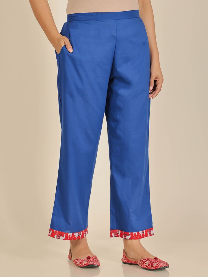Soft Cotton Solid Blue Straight Trousers