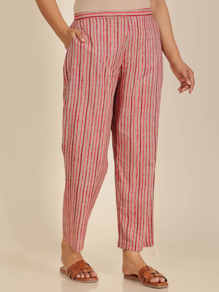 Soft Cotton Striped Pink Straight Trousers