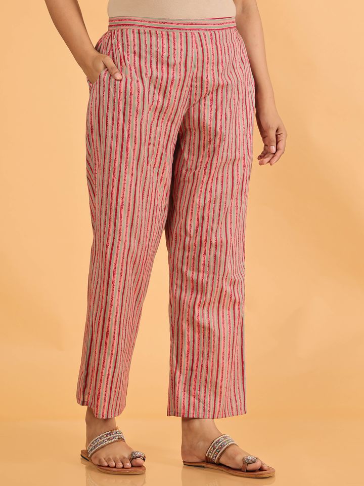Soft Cotton Striped Pink Straight Trousers