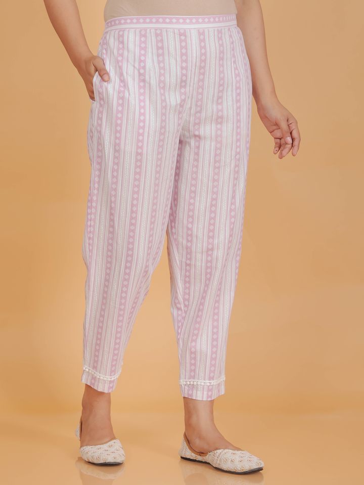 Soft Cotton Striped White Tapered Trousers