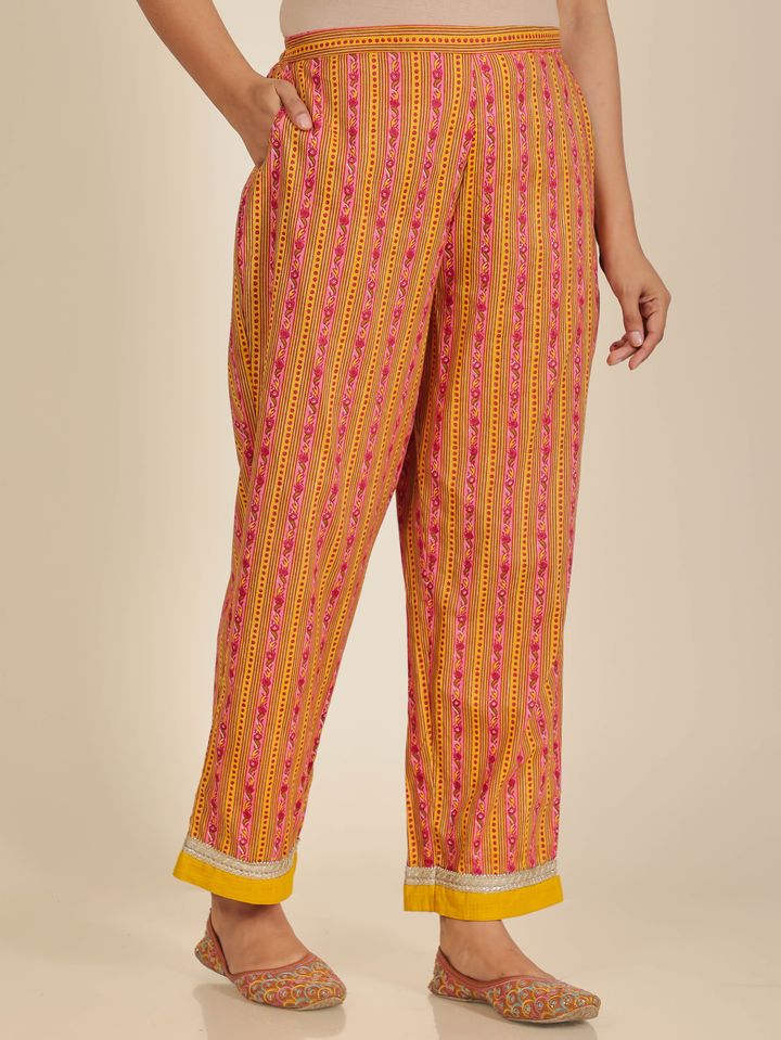 Soft Cotton Striped Yellow Straight Trousers