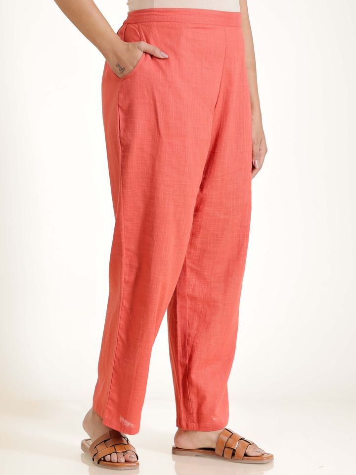 Natural Cotton Solid Orange Straight Trousers