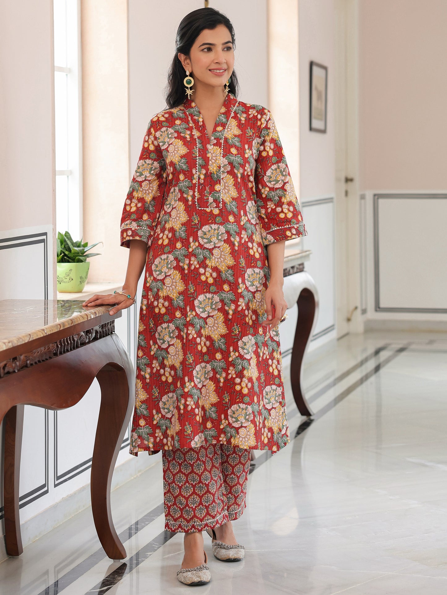 Kantha Cotton Floral Straight Maroon Kurta