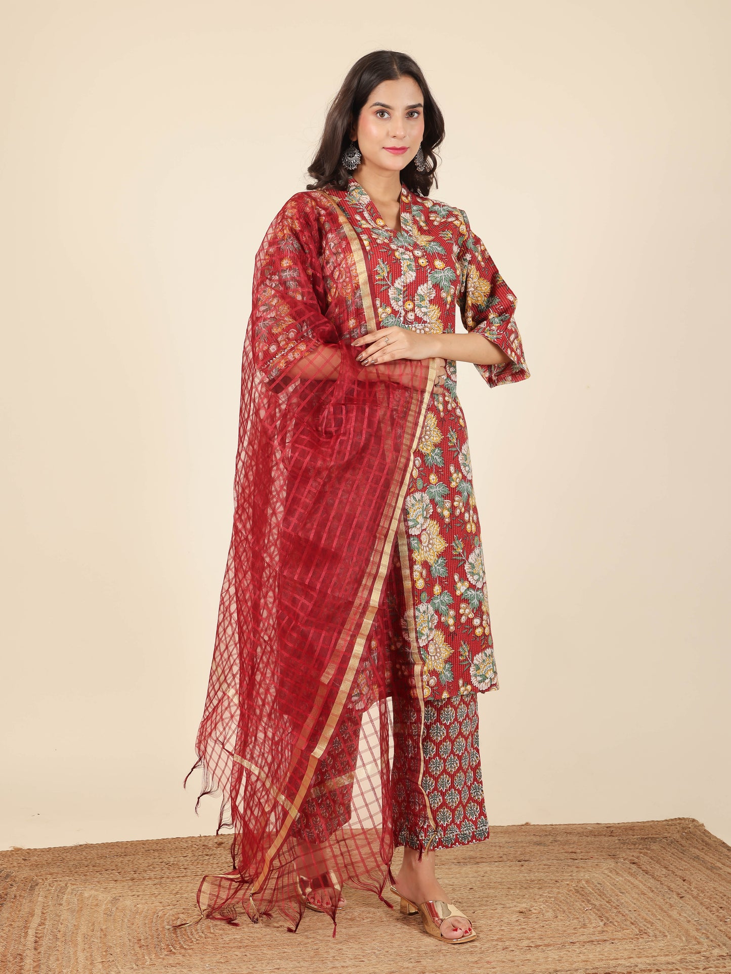 Chanderi Checkered maroon Dupatta
