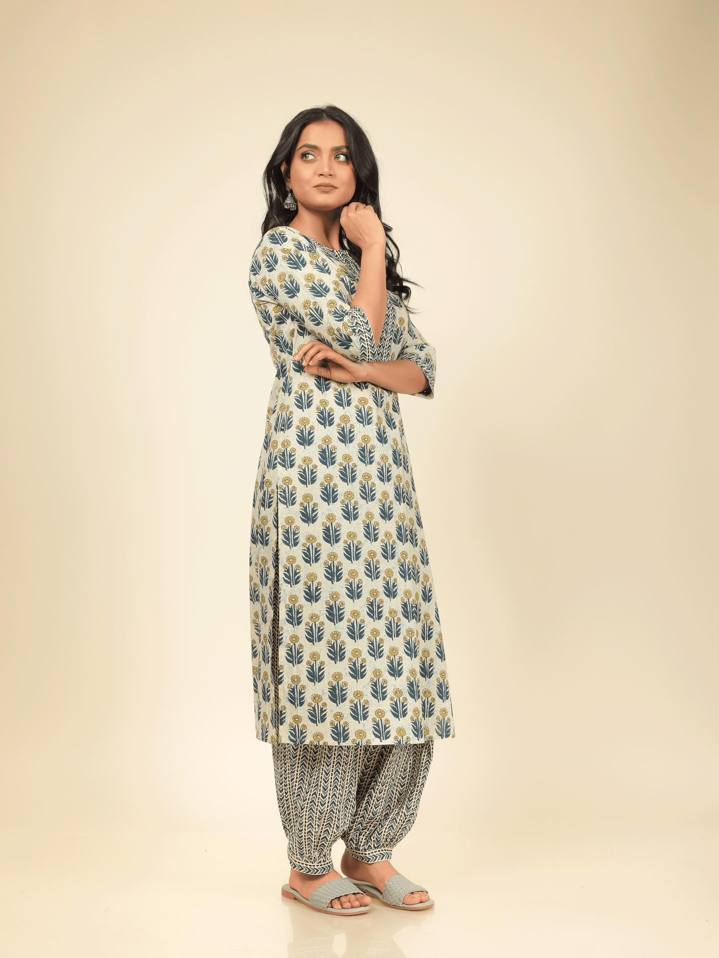 Soft Cotton Floral Straight Cream Kurta