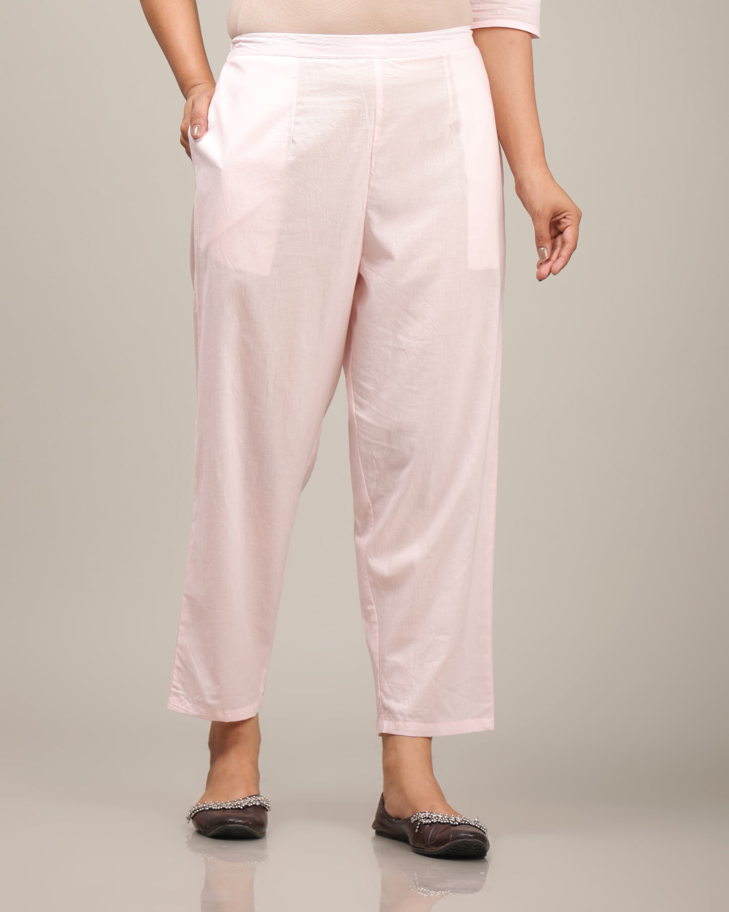 Natural Cotton Solid Pink Tapered Trousers