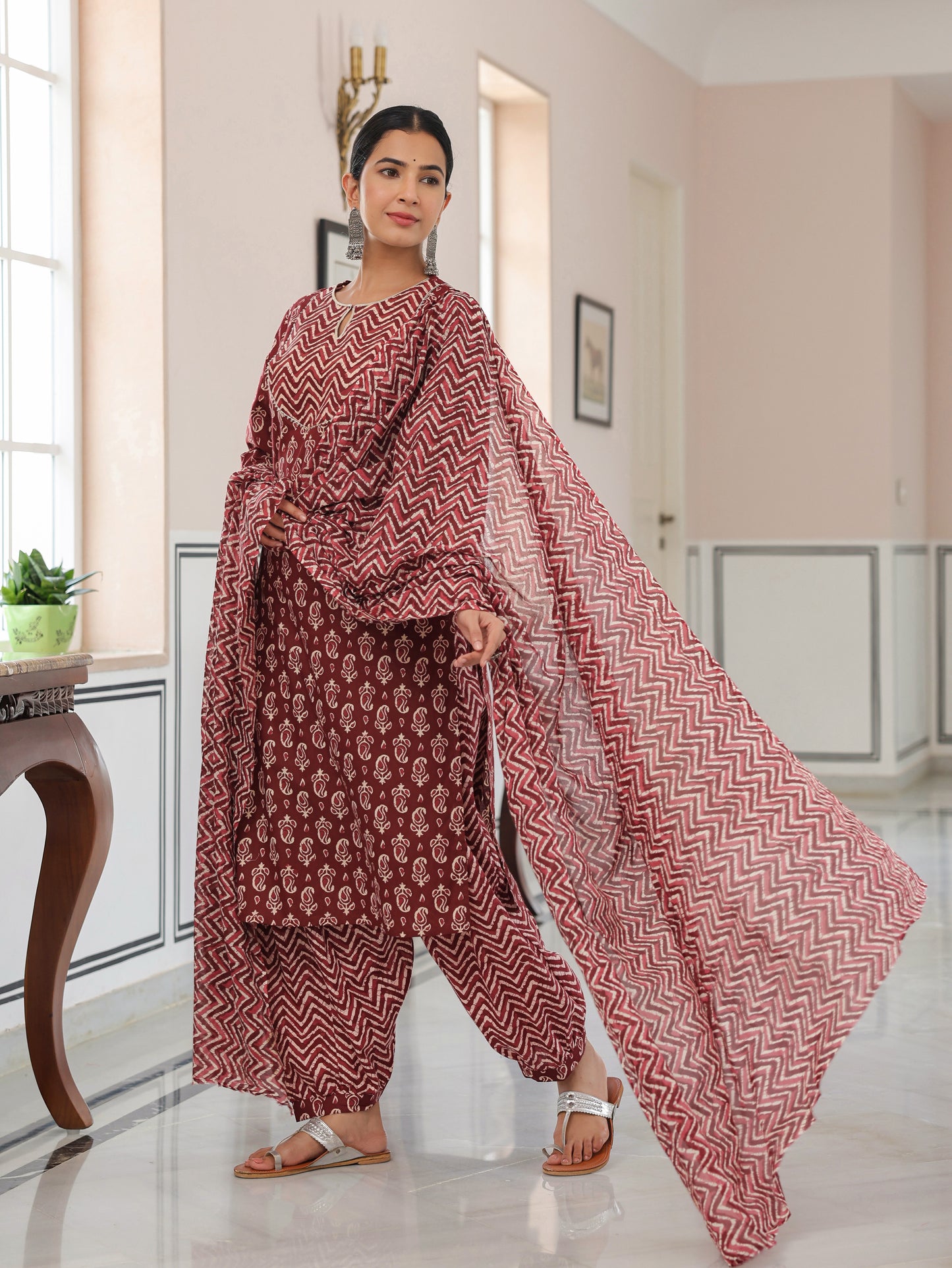 Voile Cotton Chevron Red Dupatta