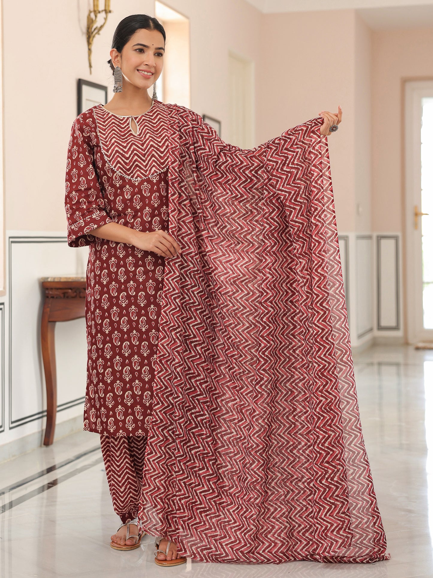 Soft Cotton Block Print Straight Maroon