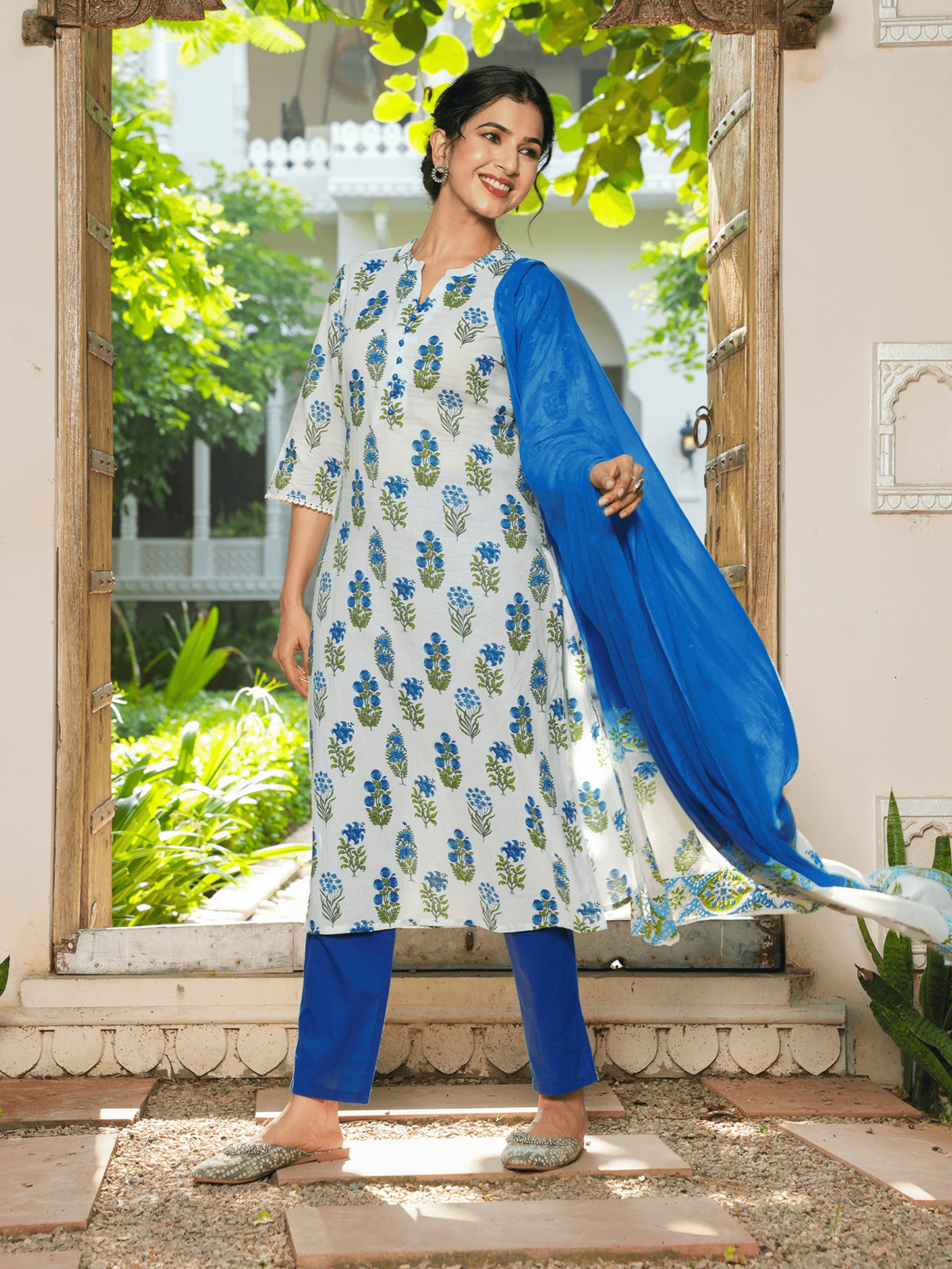 Voile Cotton Floral Blue Dupatta