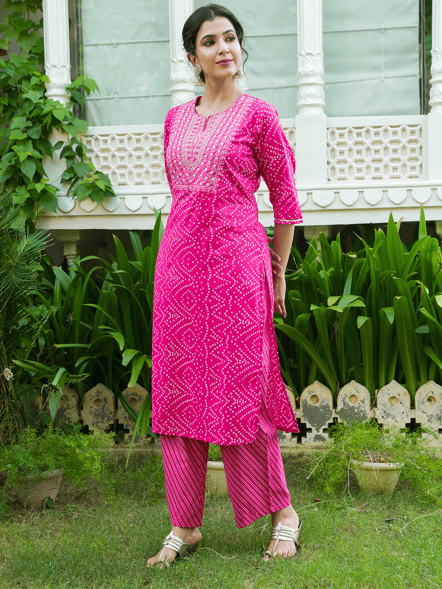 Soft Cotton Bandhani Straight Pink Kurta