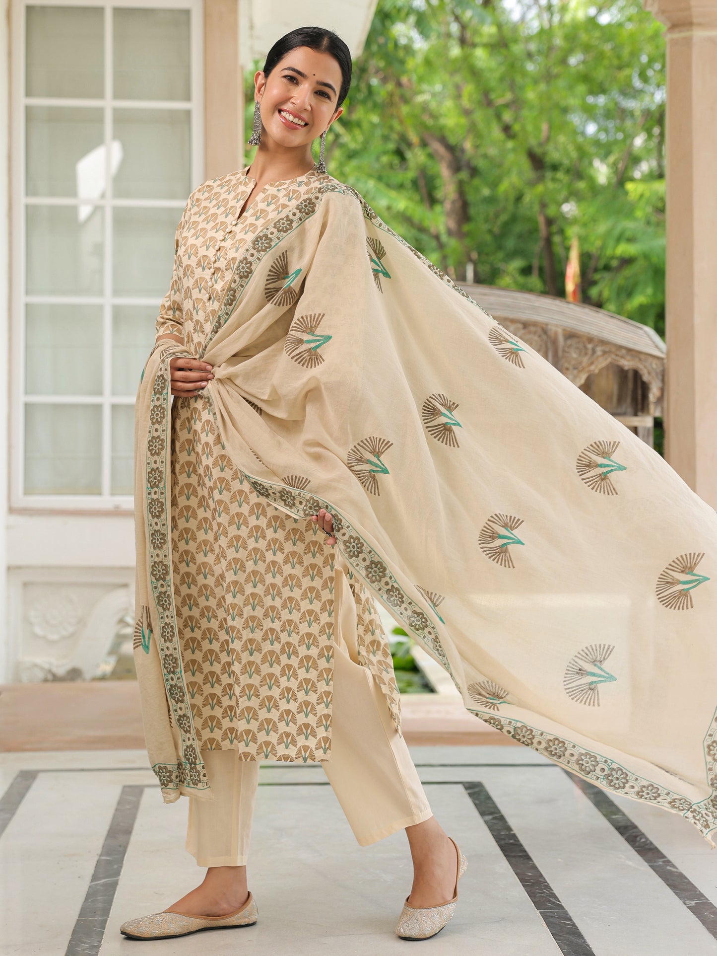 Soft Cotton Floral Straight Cream Kurta