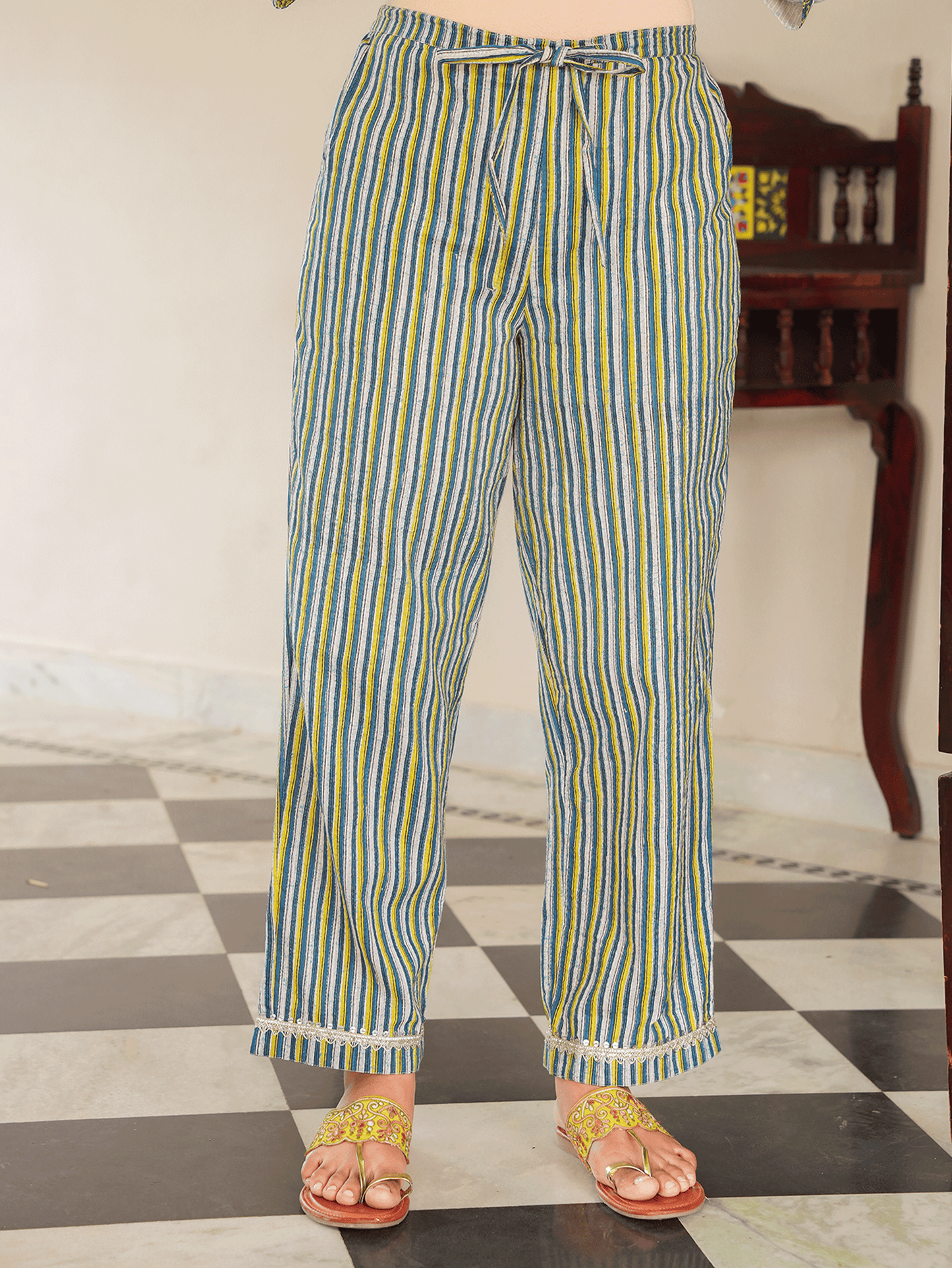 Kantha Cotton Striped Grey Straight Straight Trousers