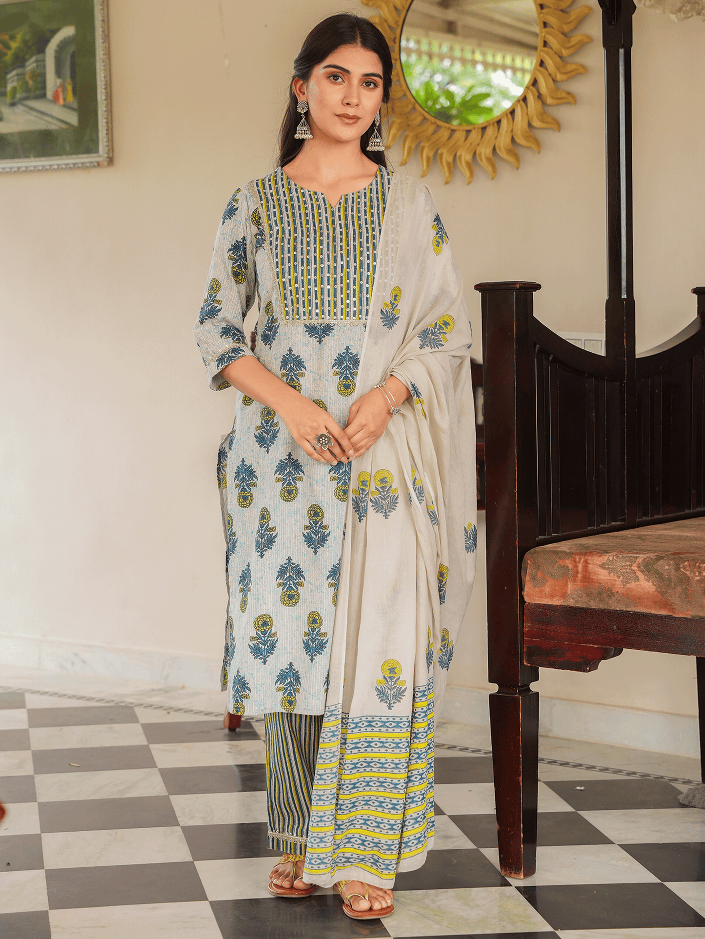 Embroidered Cotton Voile Floral Beige Dupatta