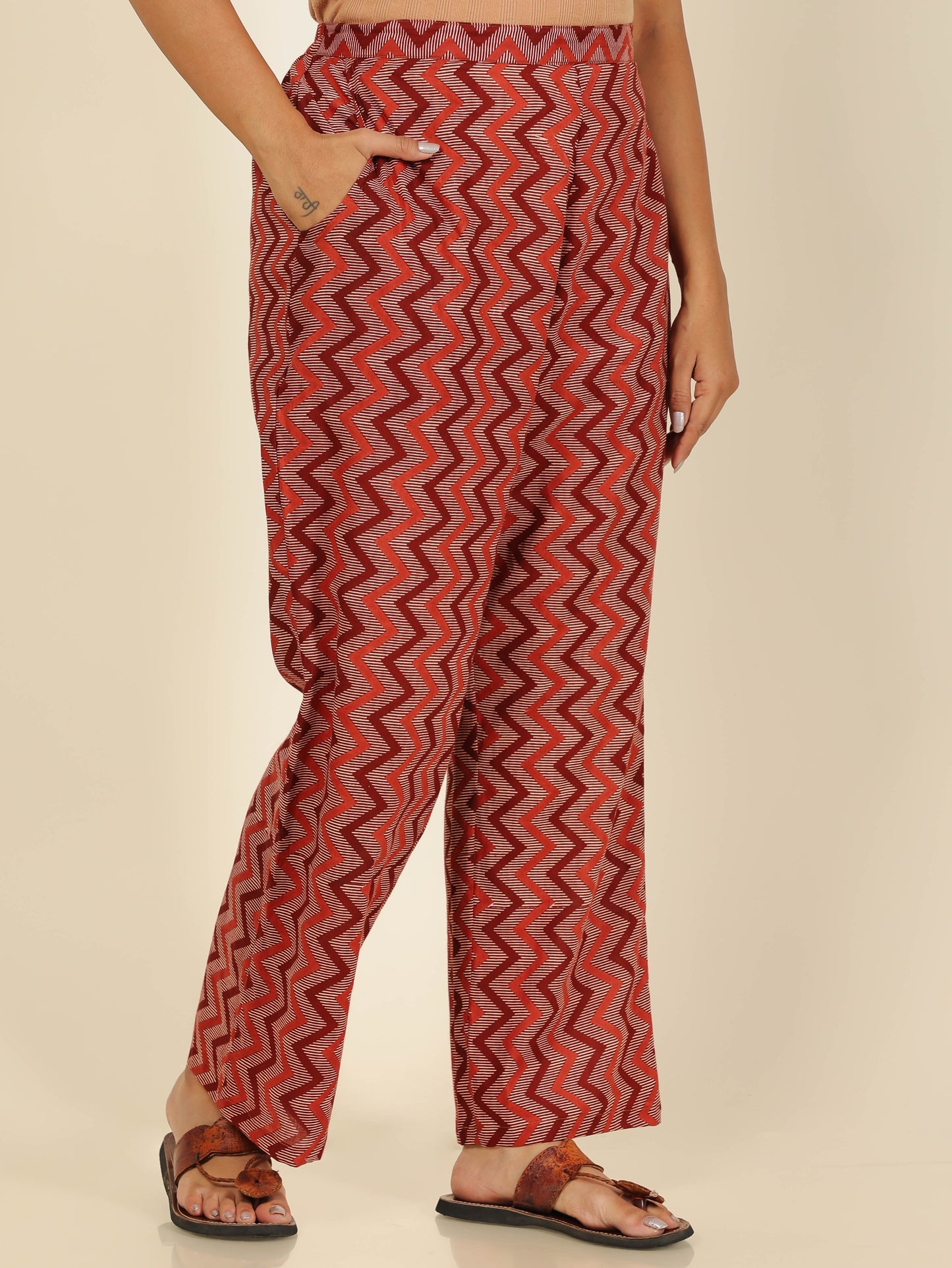 Soft Cotton Cheveron Brown Straight Trousers