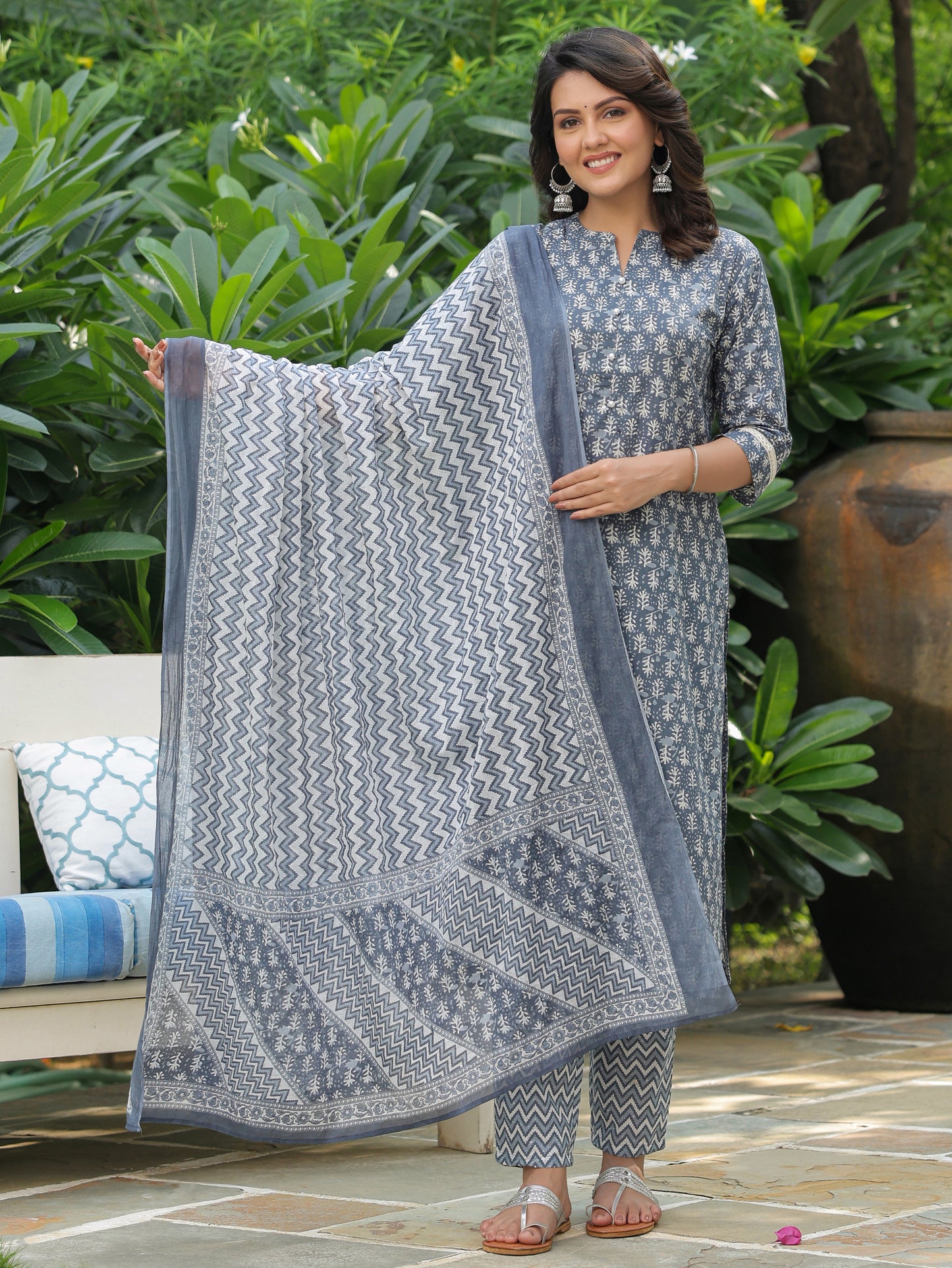Soft Cotton Block Straight Blue Kurta