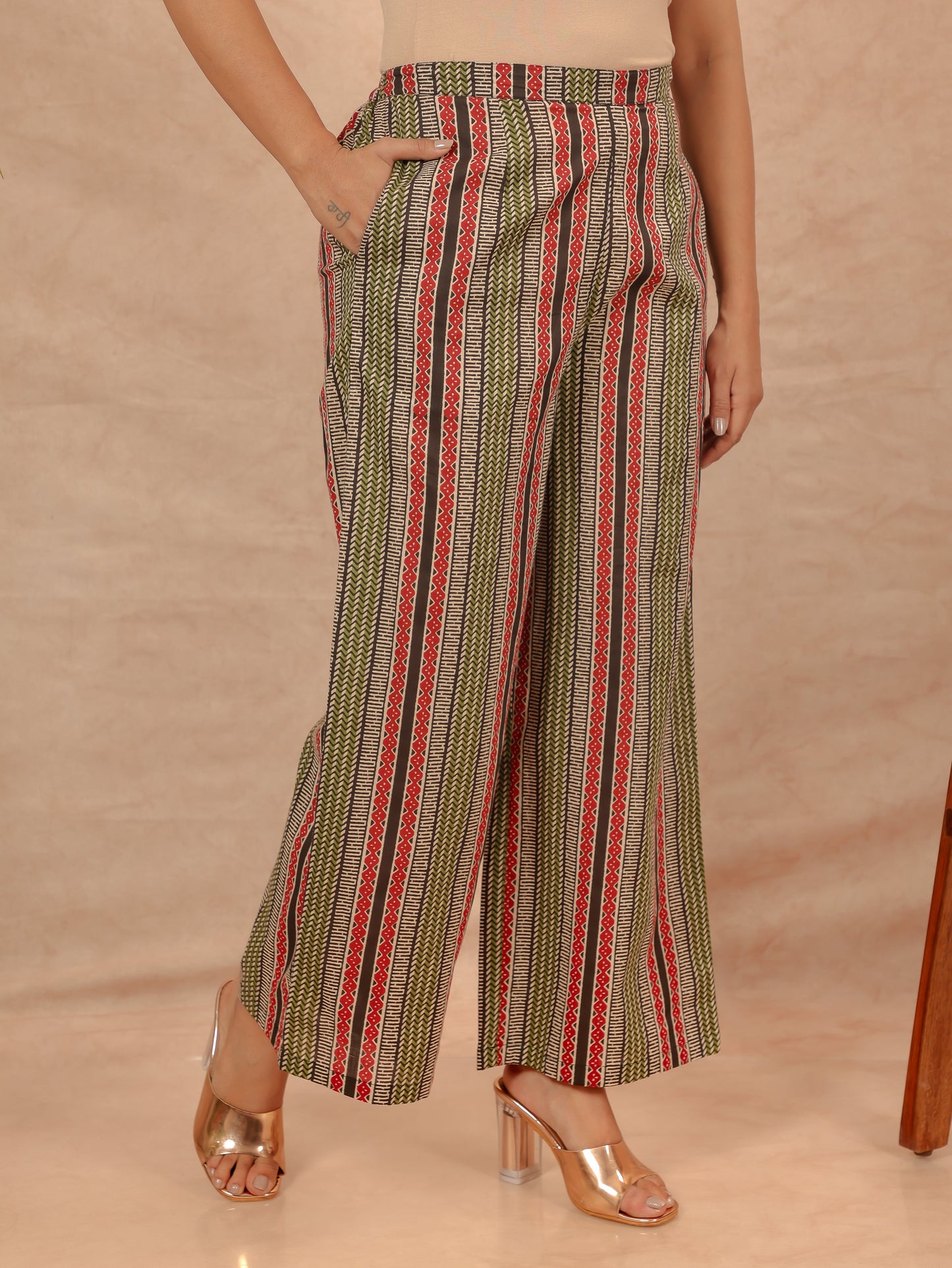 Soft Cotton Striped Green Palazzo