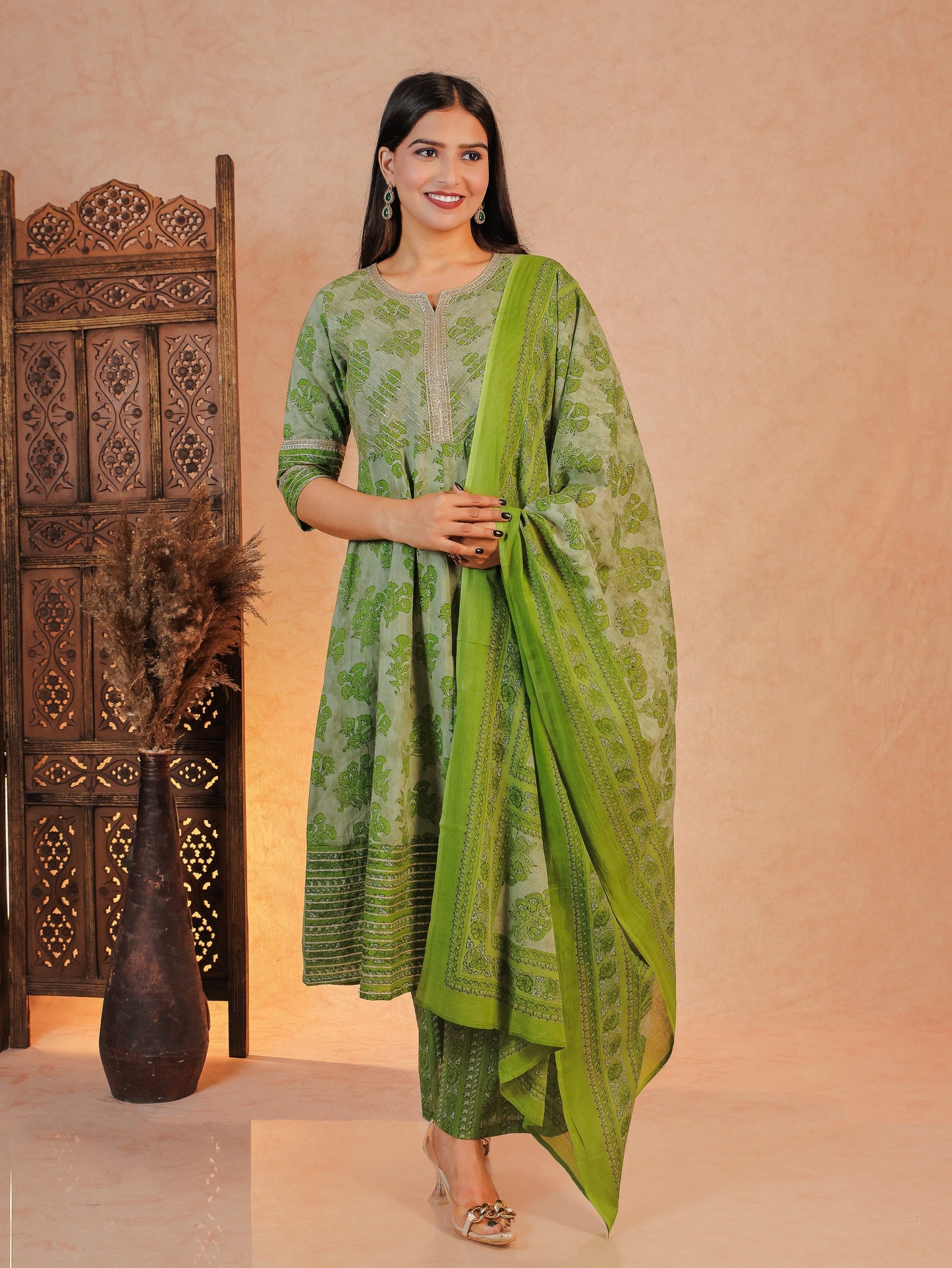 Soft Cotton Block Anarkali Green Kurta