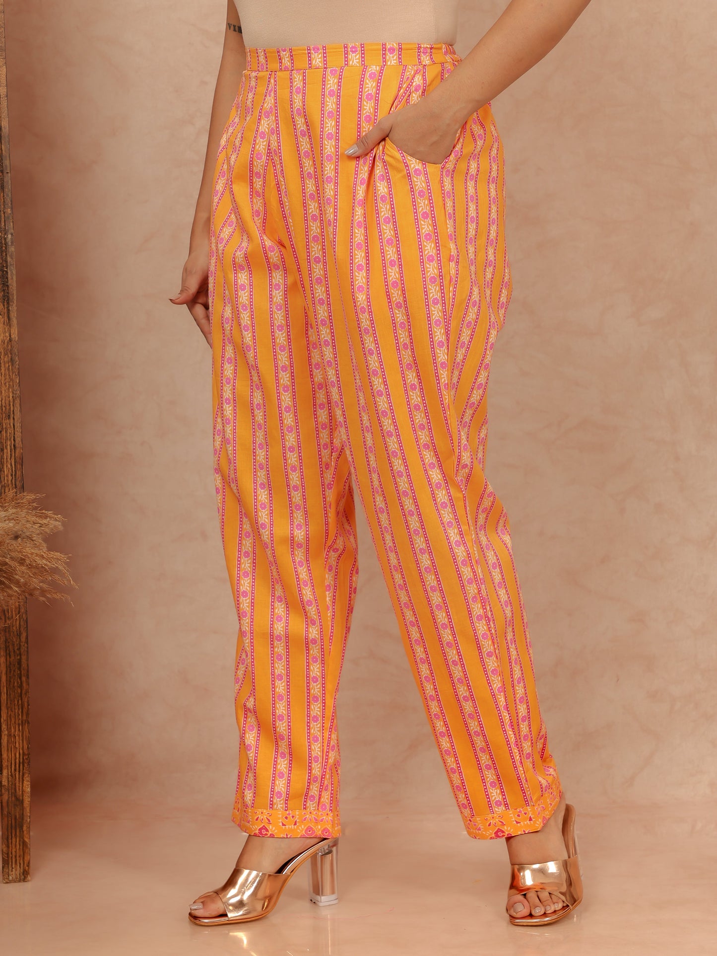 Soft Cotton Striped Orange Tapered Trousers