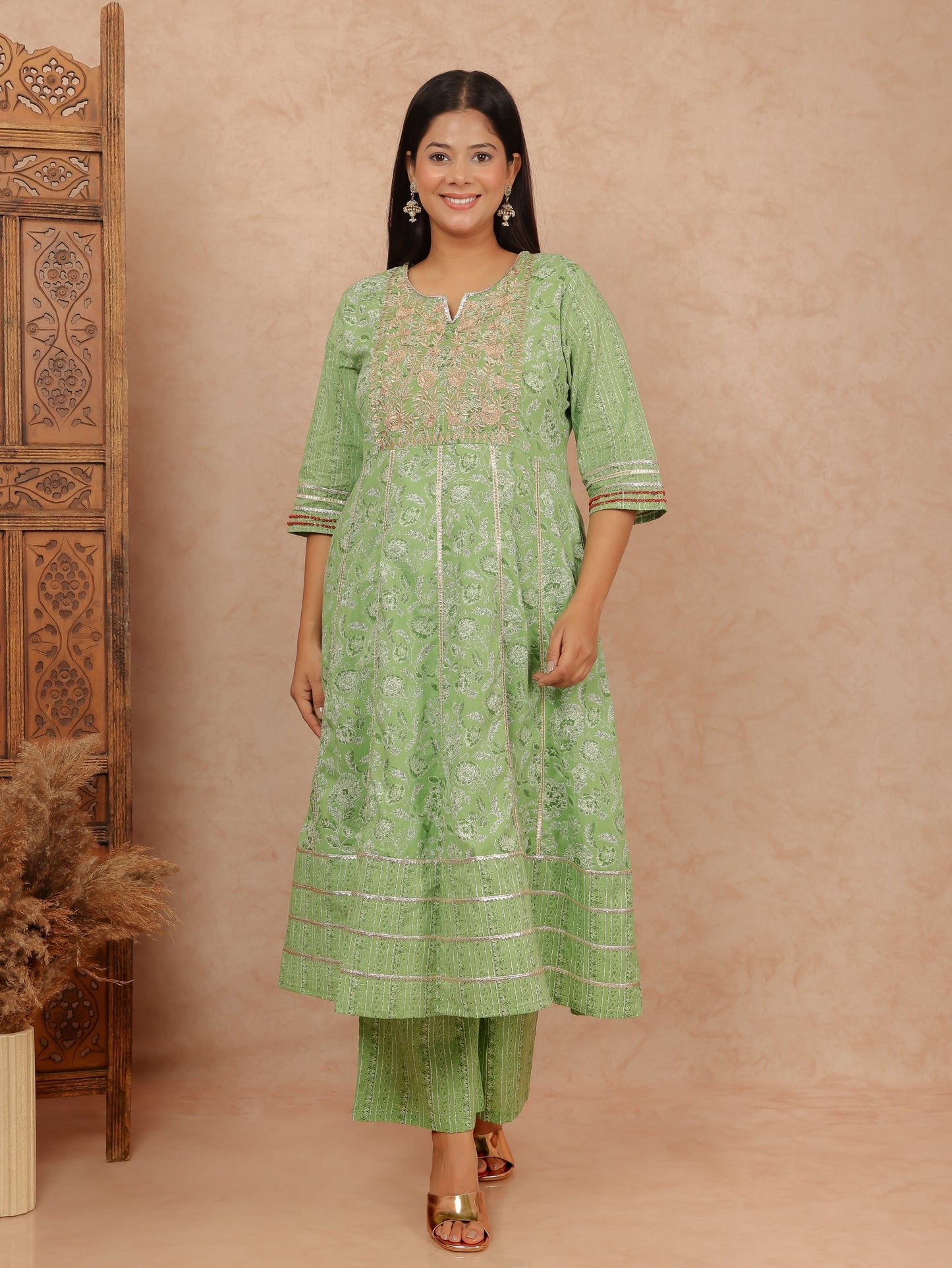 Soft Cotton Floral Anarkali Green Kurta
