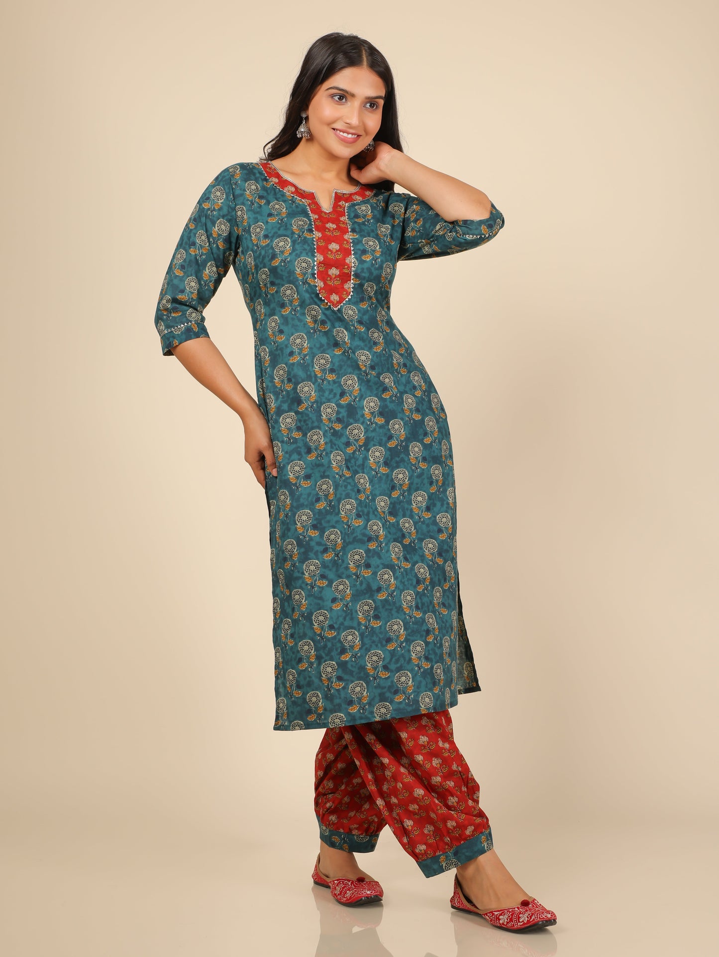 Soft Cotton Floral Straight Turquoise Kurta