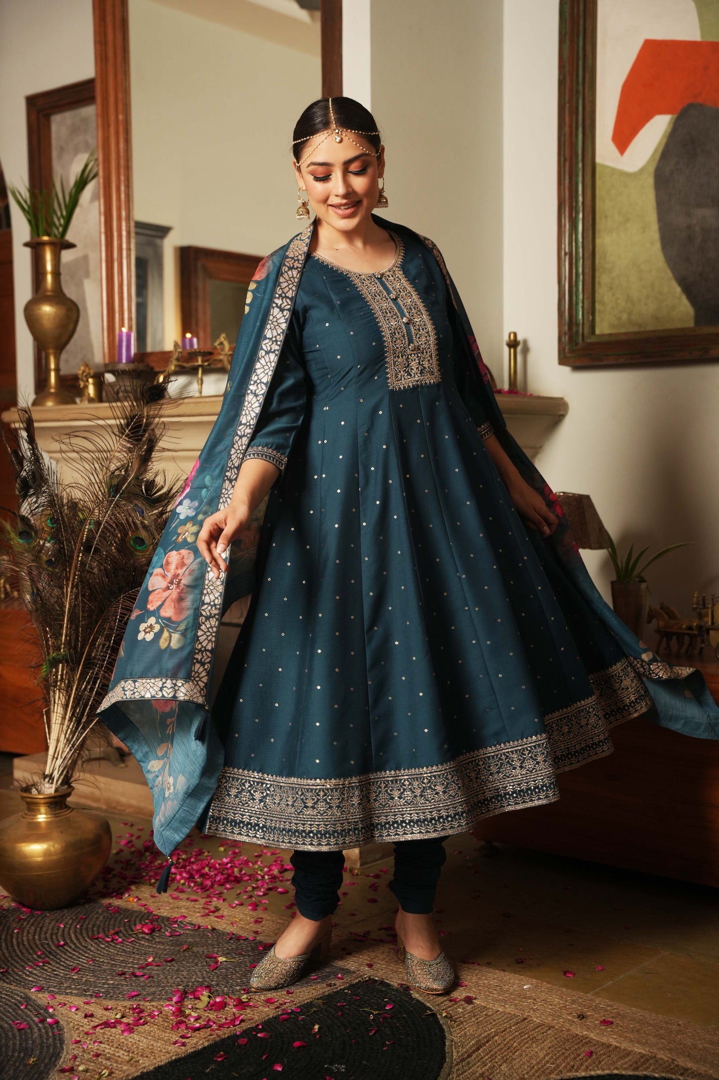 Embroidered Chinon Chiffon Gold foil Teal Kurta