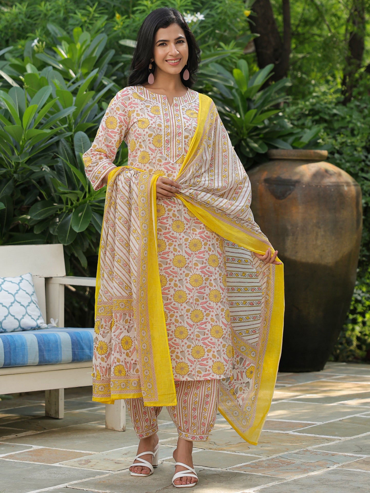 Voile Cotton Floral Yellow Dupatta