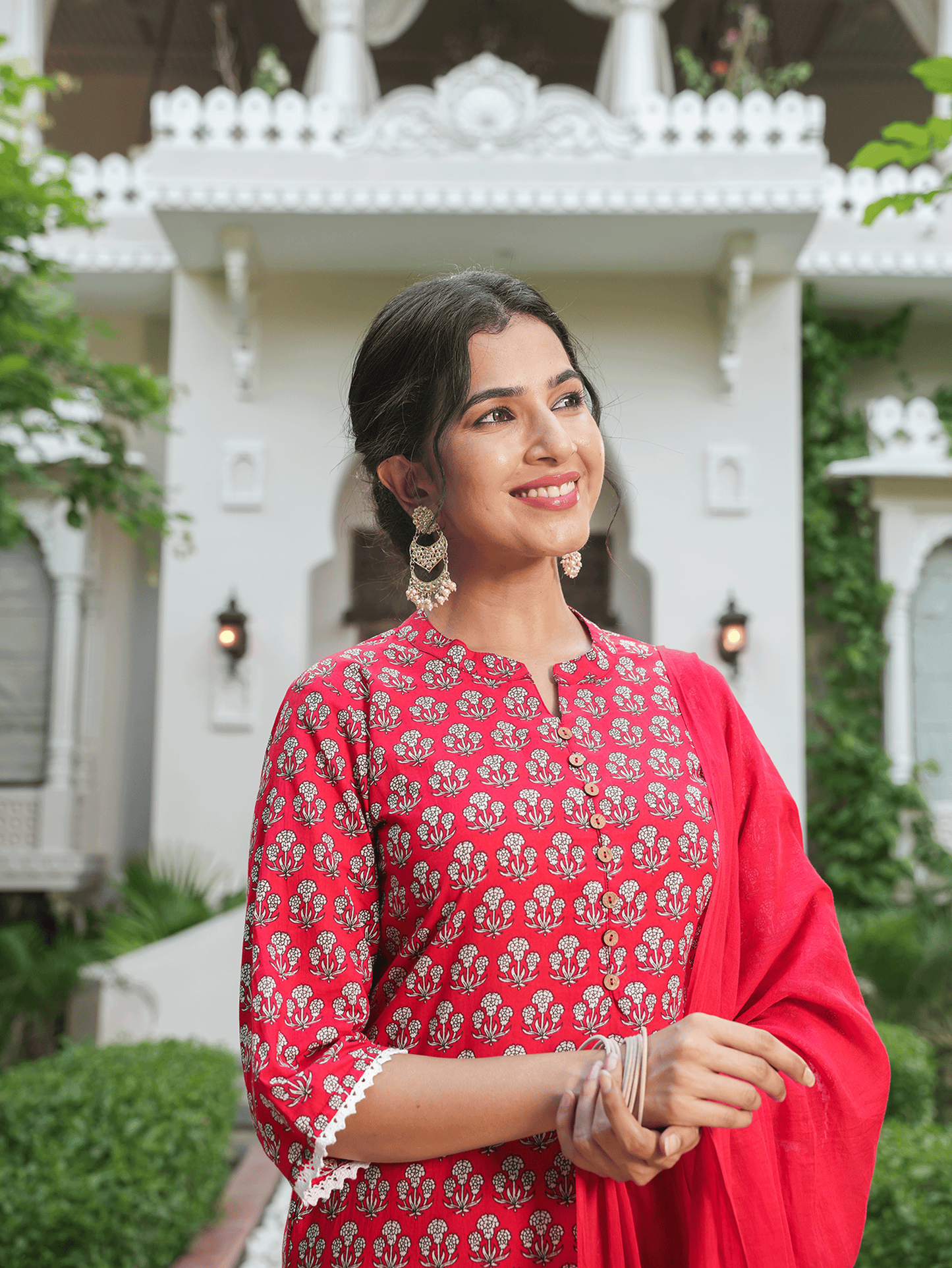 Soft Cotton Floral Straight Red Kurta