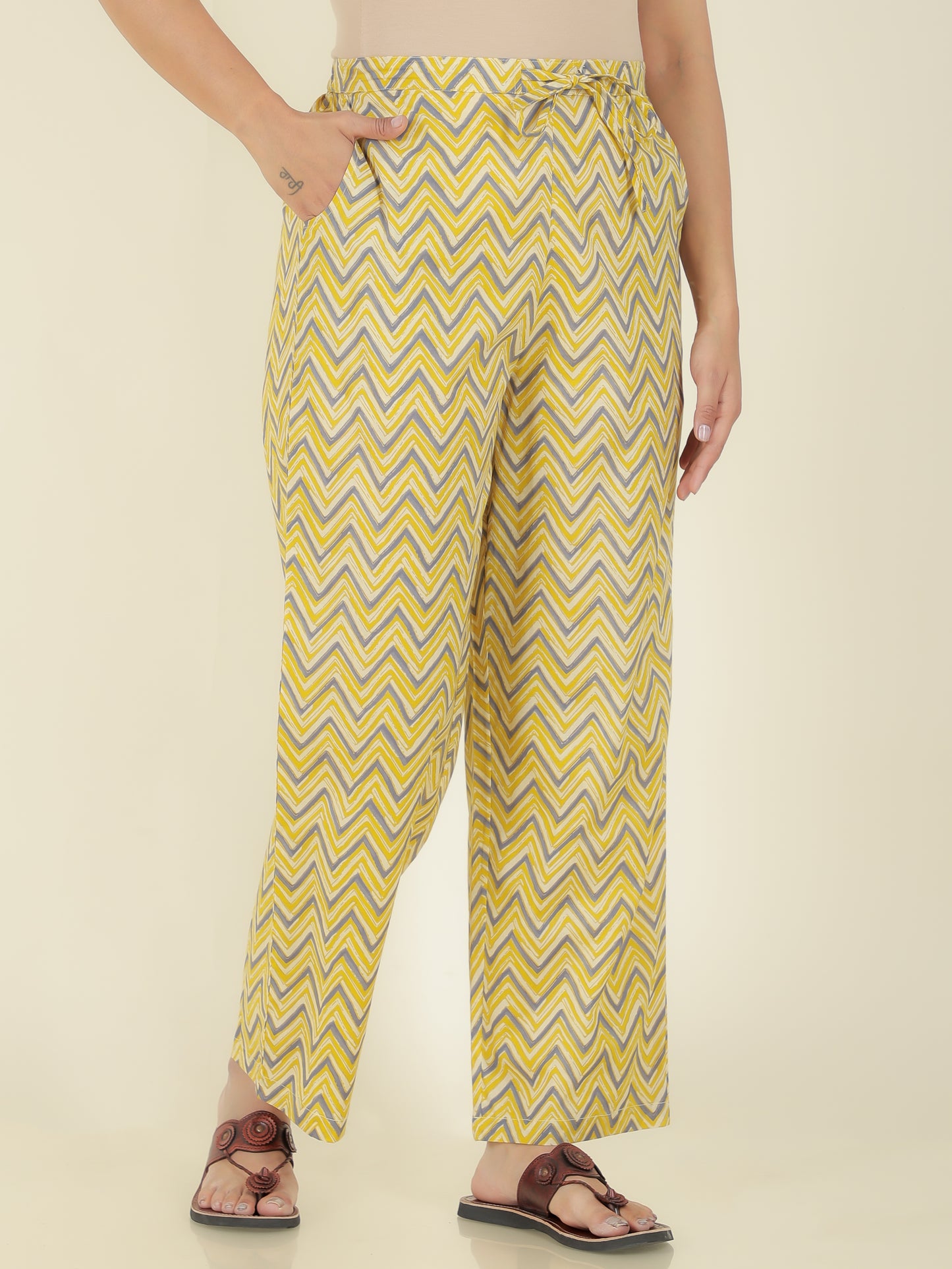 Soft Cotton Gold foil Yellow Straight Trousers