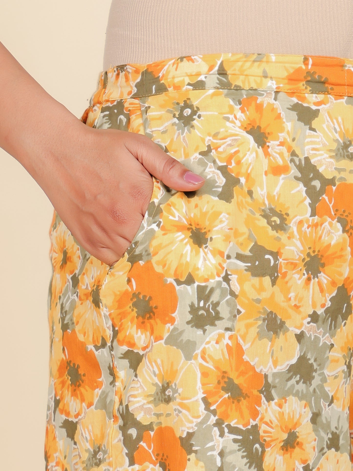 Soft Cotton Floral Yellow Straight Trousers