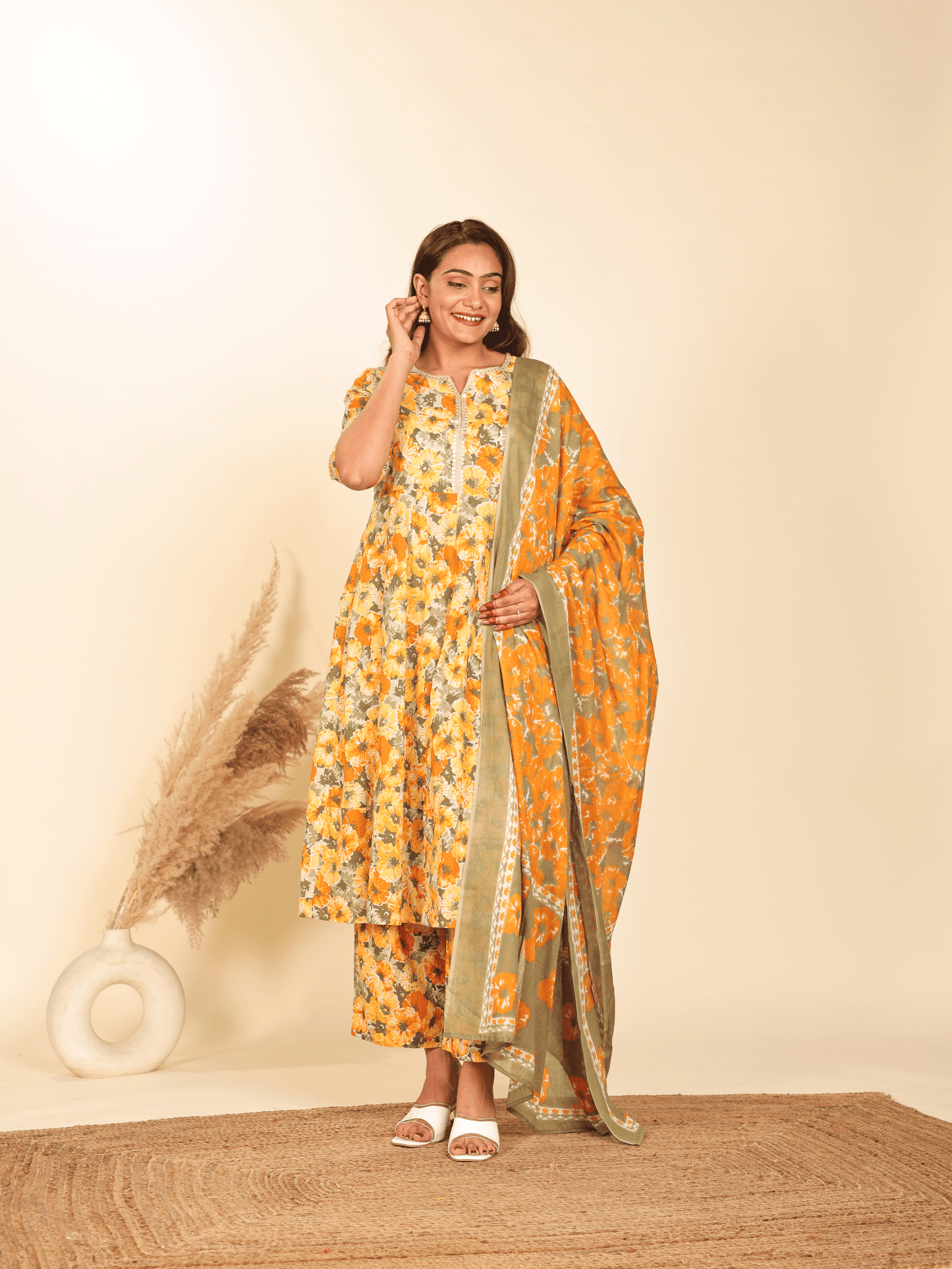 Cotton Voile Floral Orange Dupatta
