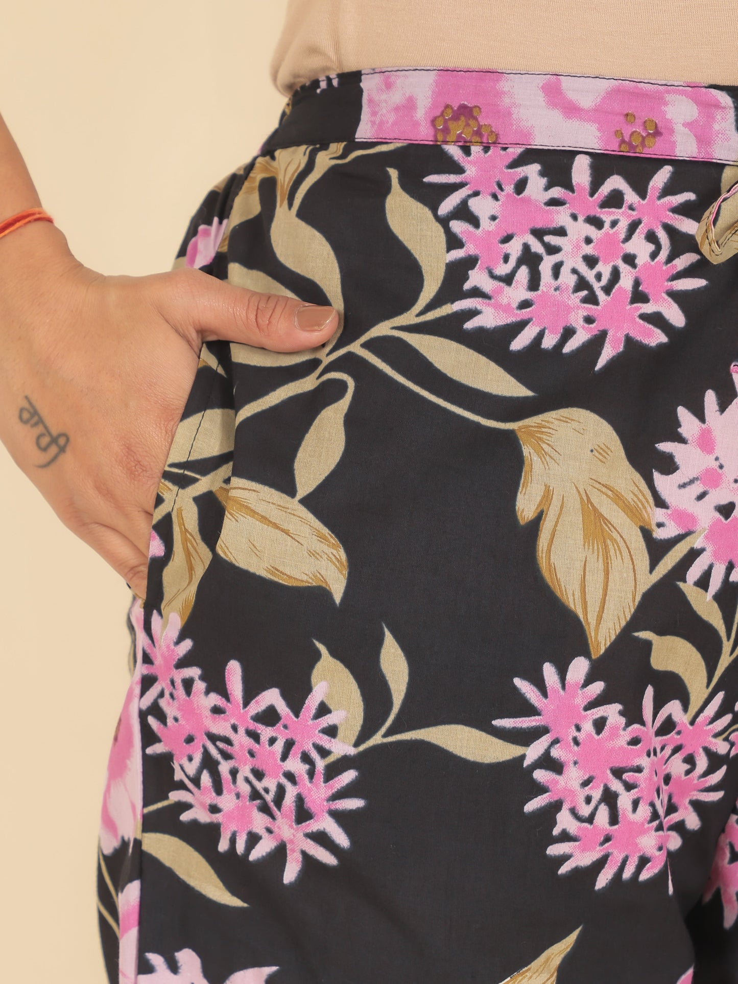 Soft Cotton Floral Black Tapered Trousers