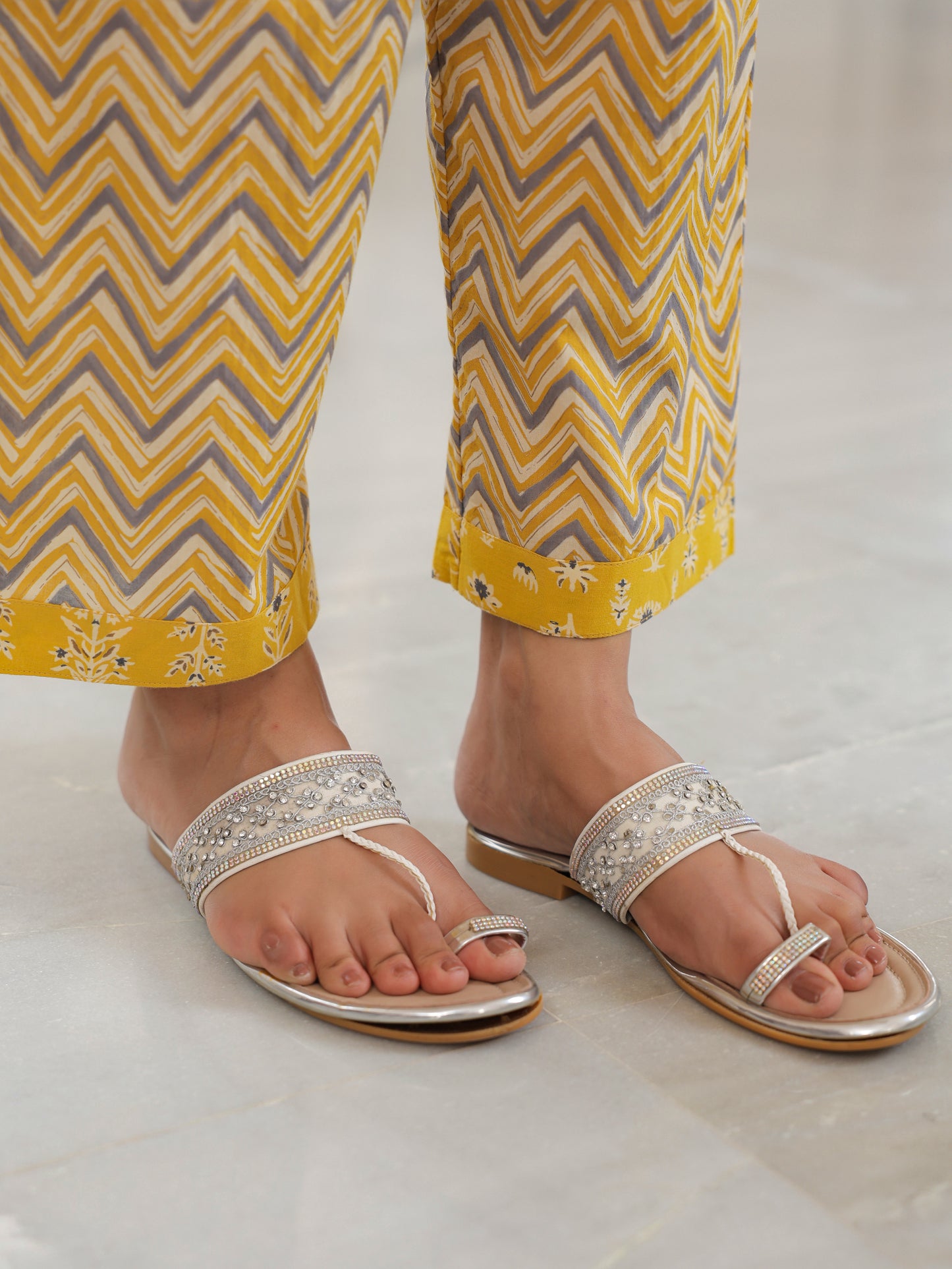 Soft Cotton Chevron Yellow Straight Trousers