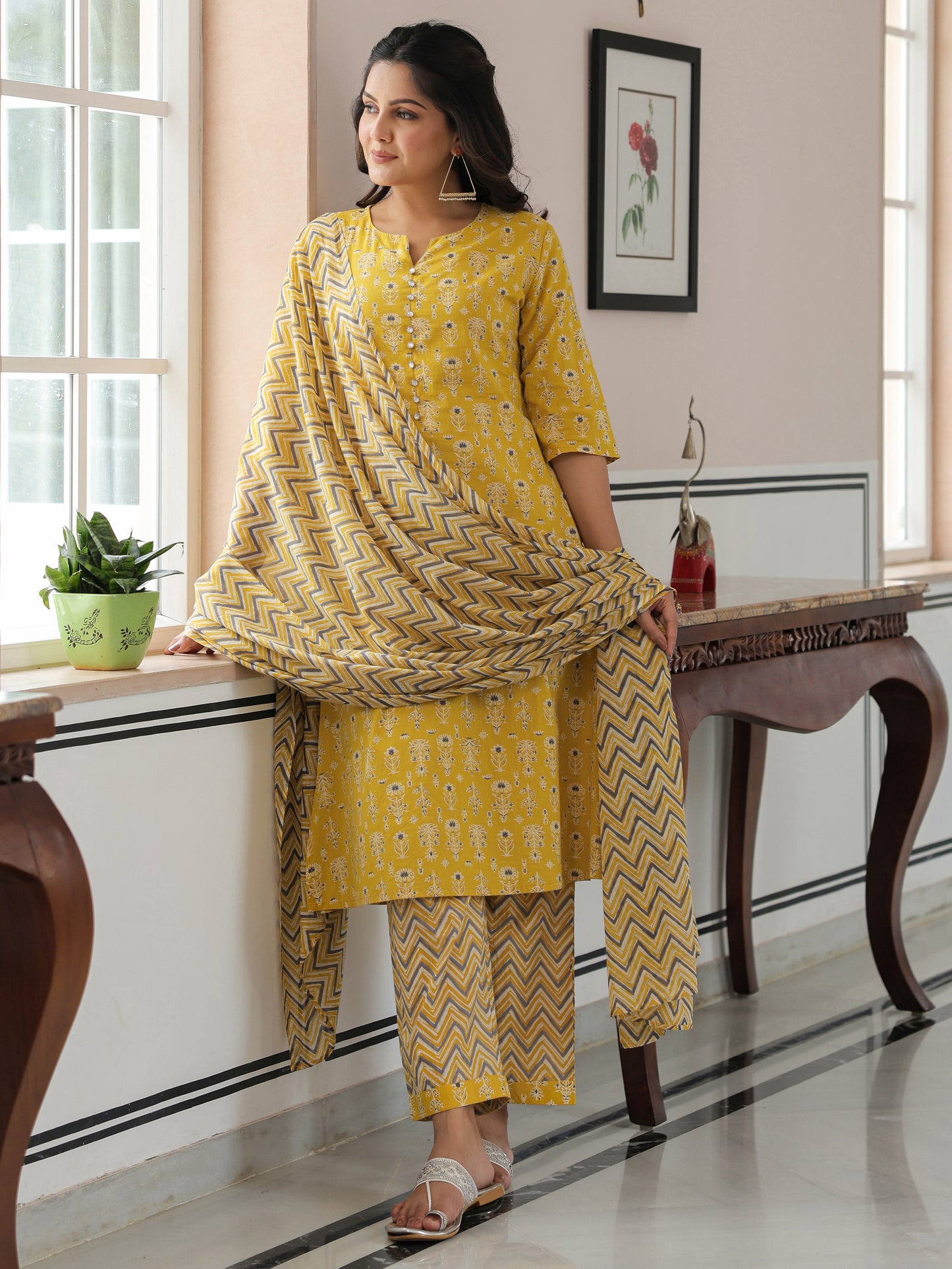 Soft Cotton Gold foil A-line Yellow Kurta