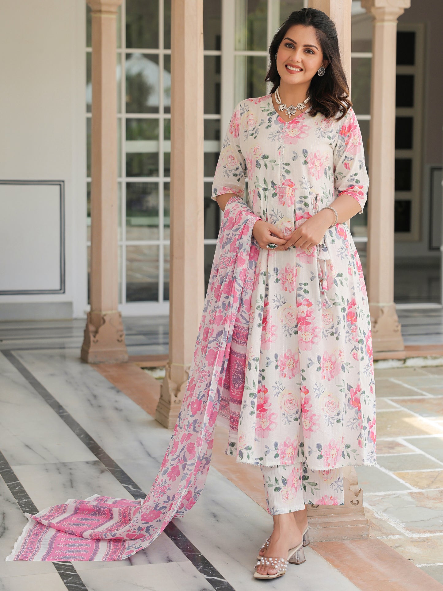 Lurex Cotton Floral A-line White Kurta