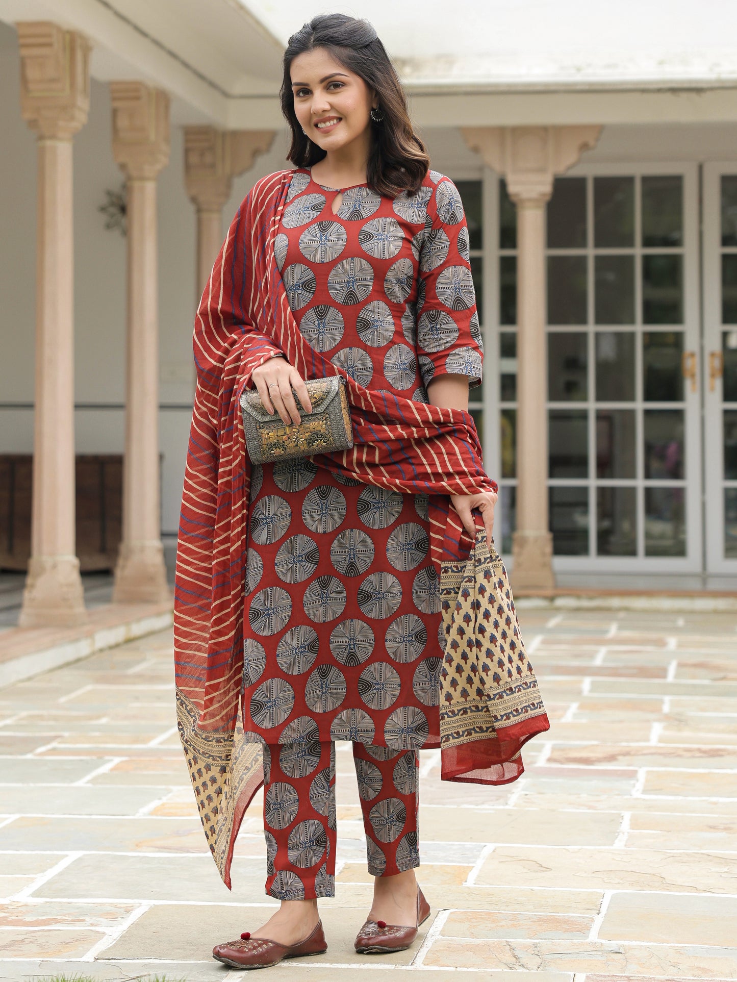 Soft Cotton Abstract Straight Red Kurta