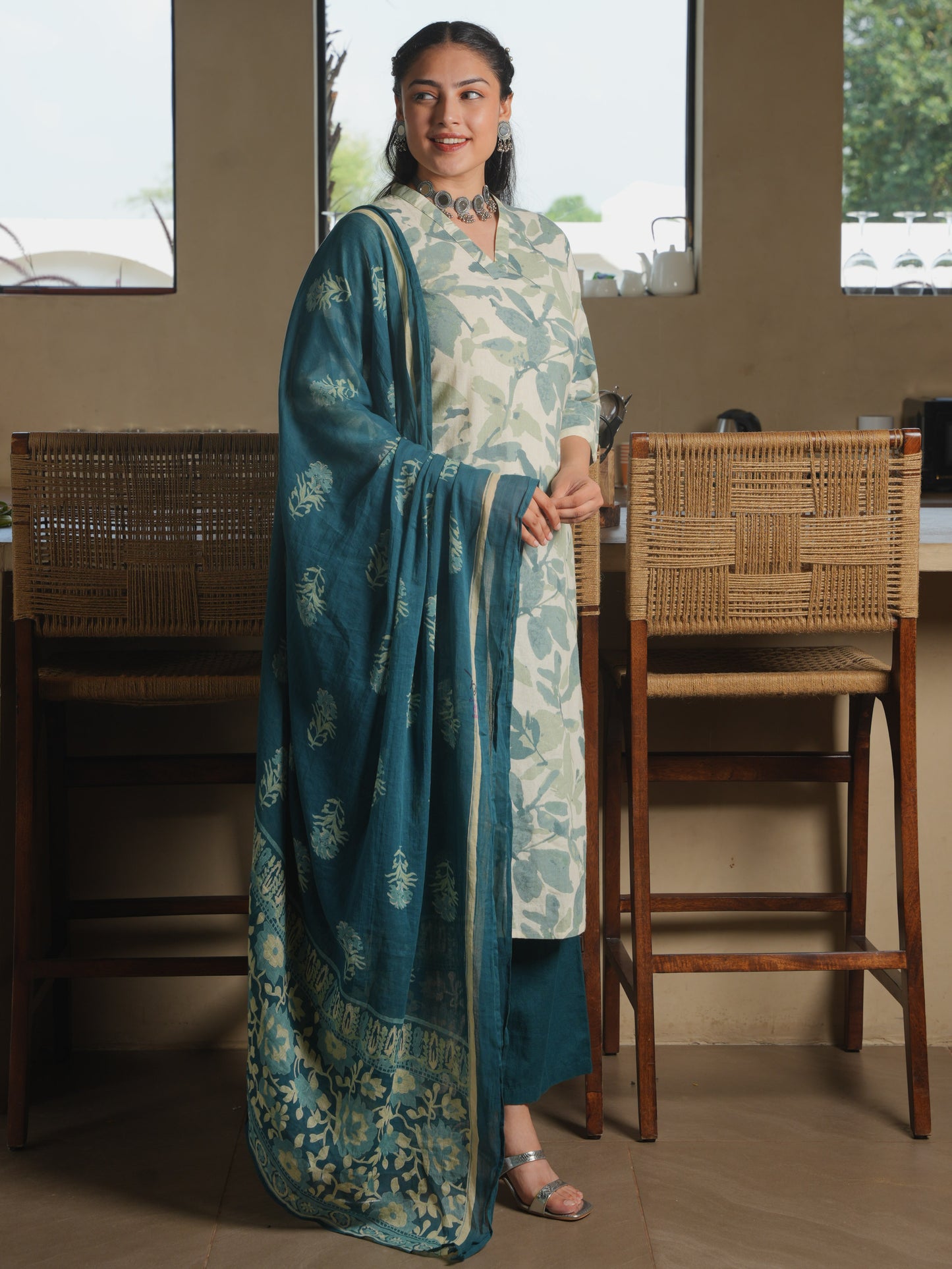 Cotton Voile Floral Teal Dupatta