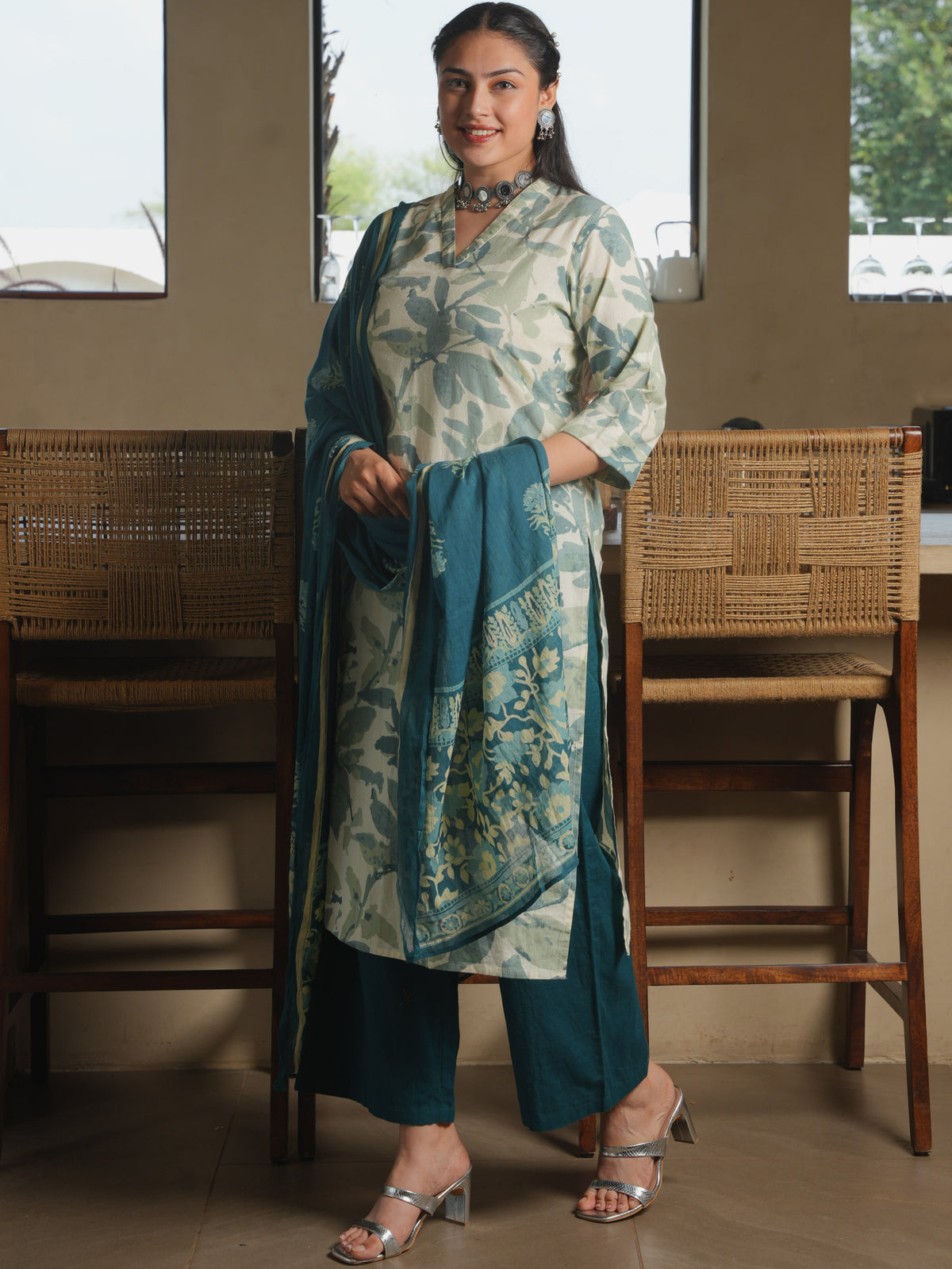 Cotton Voile Floral Teal Dupatta