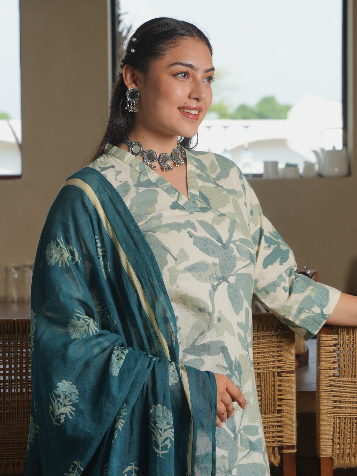 Linen Cotton Foliage Straight Green Kurta