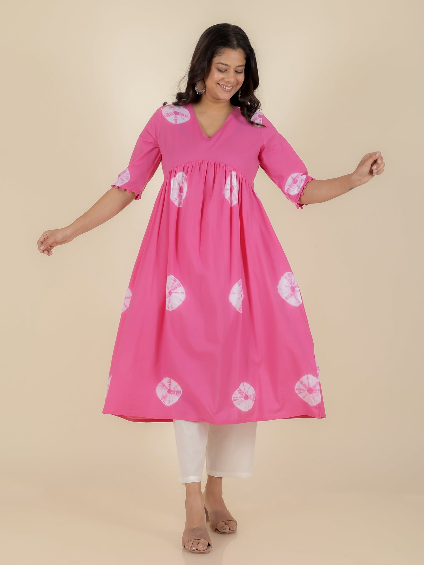 Soft Cotton Tie-Dye Anarkali Pink Kurta