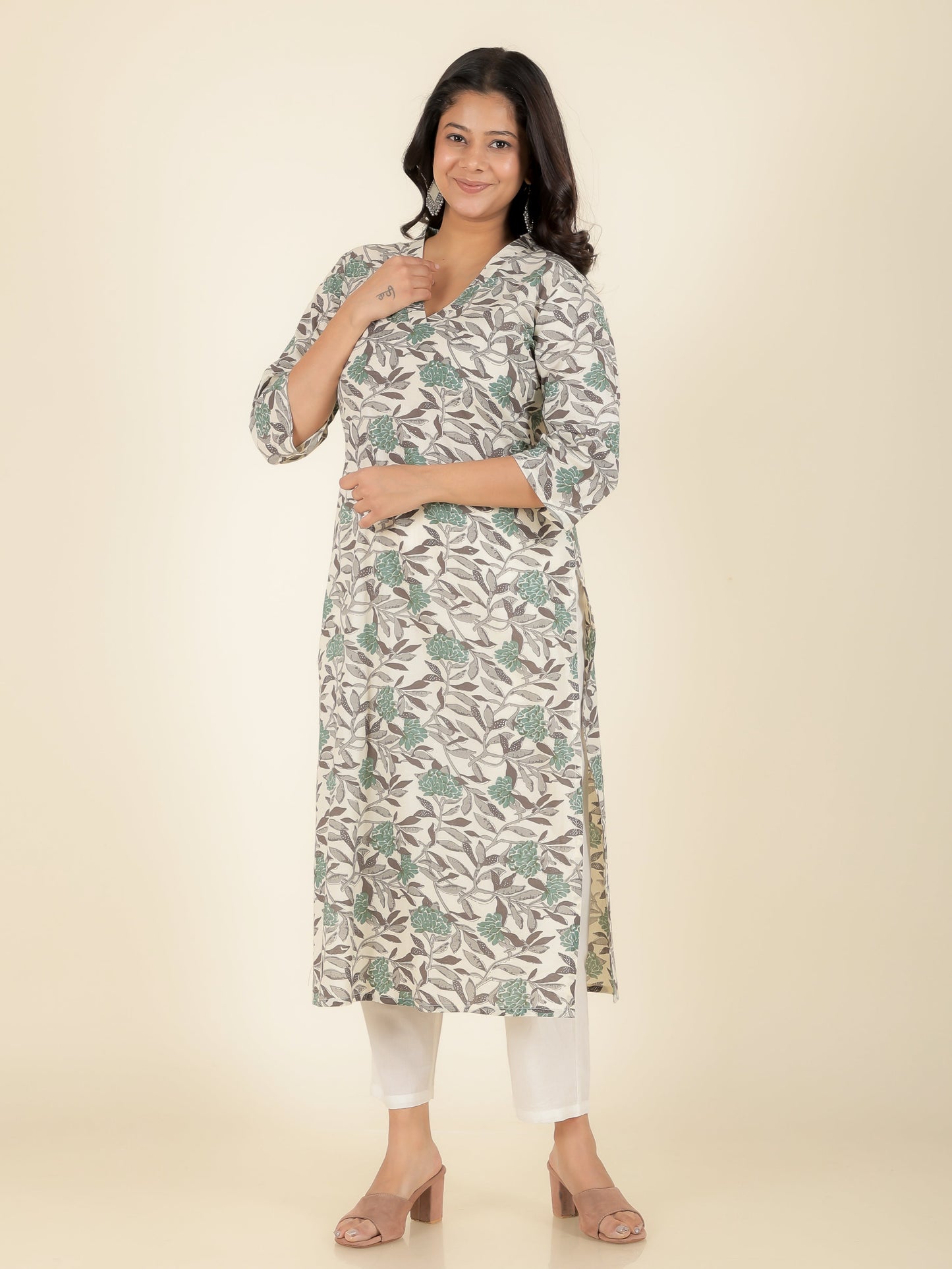 Soft Cotton Floral Straight Off-White Kurta