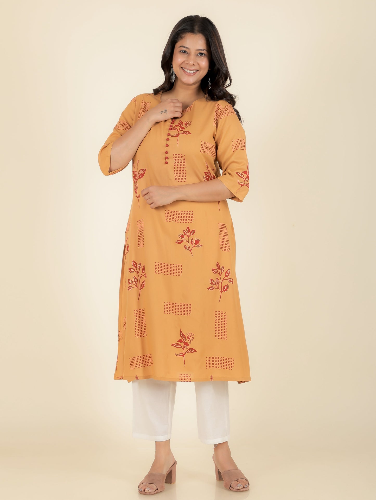 Viscose Gold foil A-line Beige Kurta