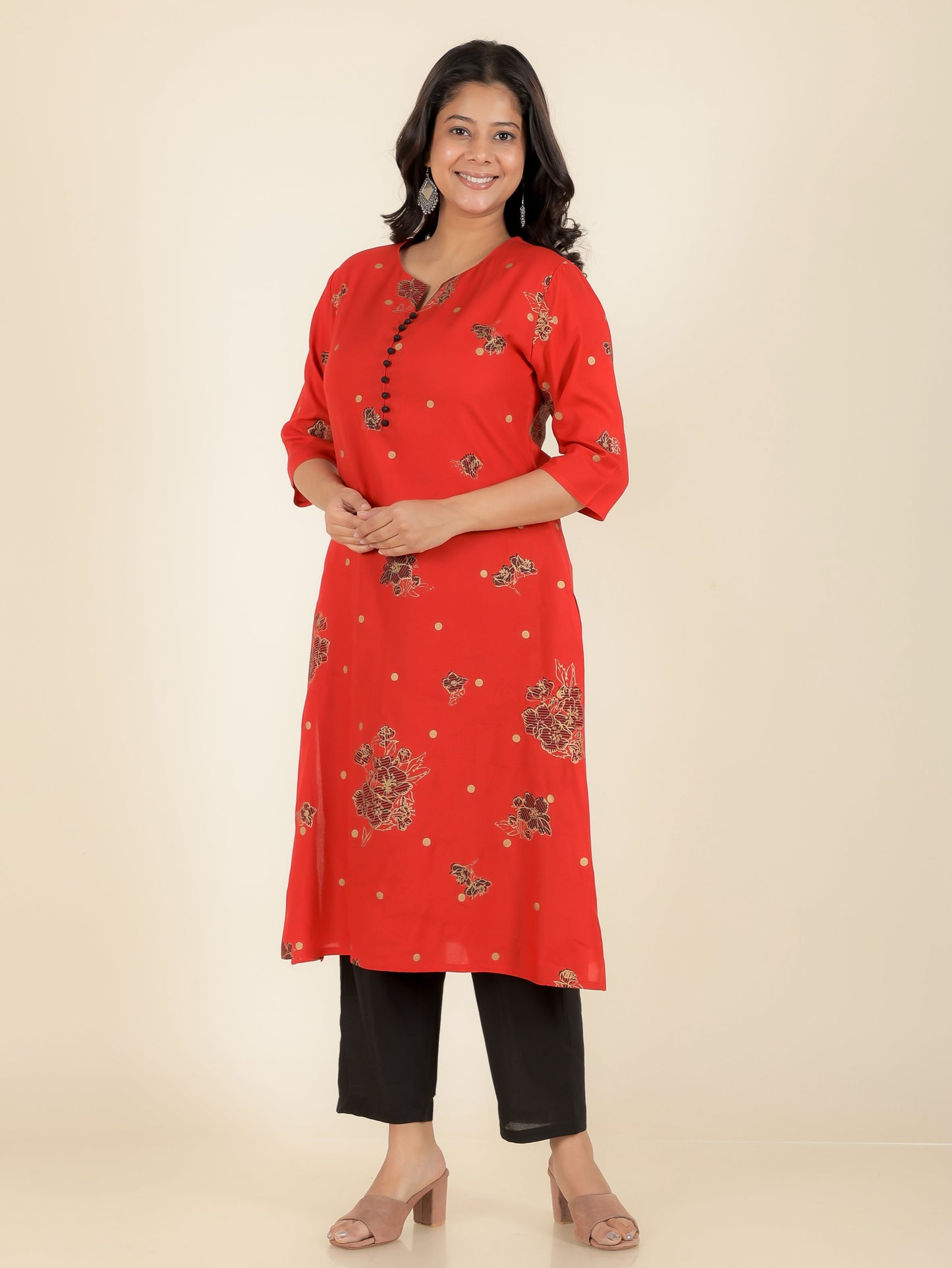Viscose Gold foil A-line Red Kurta
